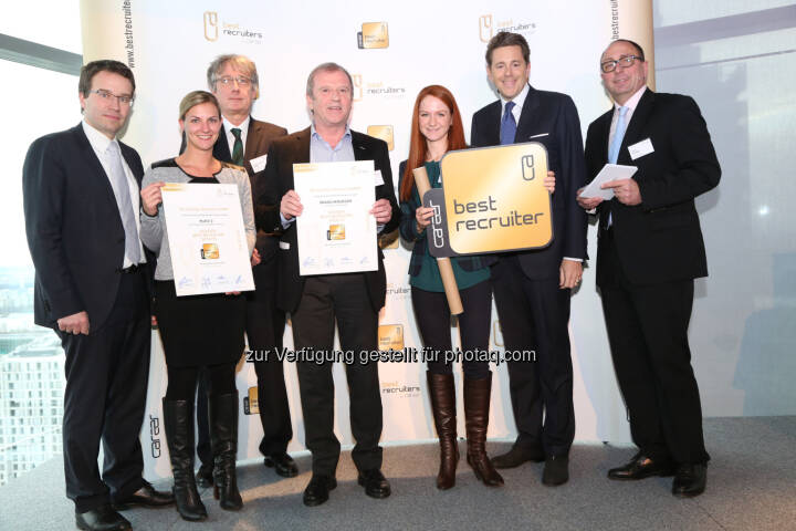 Johannes Kopf, AMS-Österreich-Vorstand, Fiona Keymar, BA - ISS HR Managerin Univ. Prof. Wolfgang Elsik - WU Wien, Kurt Babirath - ISS HR Director Kerstin Mayrl - ISS Specialist Recruiting & Personalmarketing, Harald Mahrer - Staatssekretär Markus Gruber - Best Recruiters Studieninitiator: ISS als Best Recruiter-Branchensieger geehrt