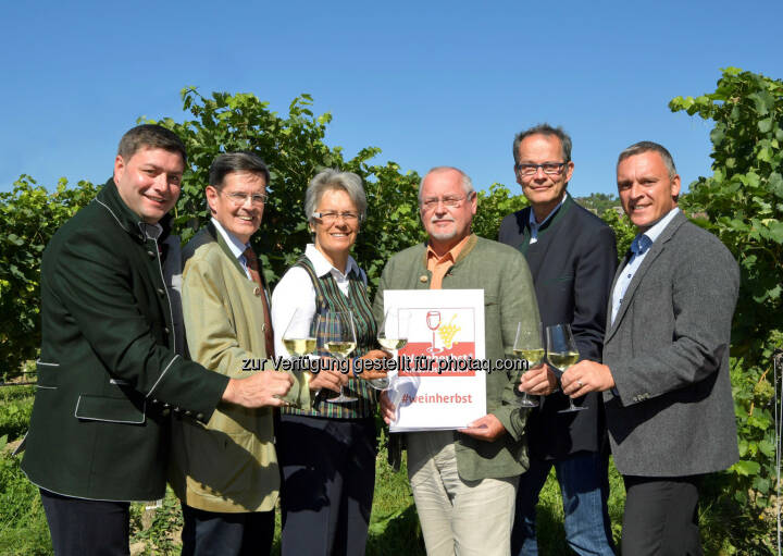 Mario Gruber (GF Wienerwald Tourismus), Christoph Madl (GF NÖ-Werbung), Petra Bohuslav (Tourismuslandesrätin), Franz Backknecht (Weinbauverbandspräsident NÖ), Hannes Weitschacher (GF Weinviertel Tourismus), Peter Sigmund (Prok. Donau NÖ Tourismus) : Der Weinherbst Niederösterreich 2016 ist offiziell gestartet : Fotocredit: NLK Johann Pfeiffer