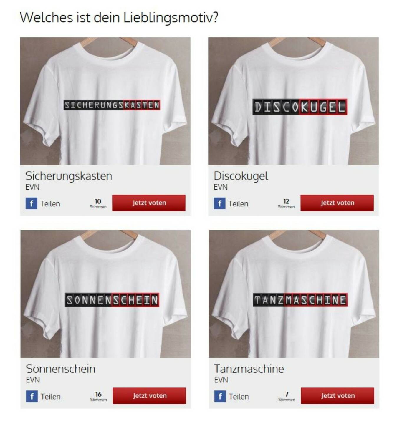 Tanzmaschine, Discokugel, Sonnenschein? Das EVN Get-Shirty Voting unter http://bit.ly/EVNGetShirty