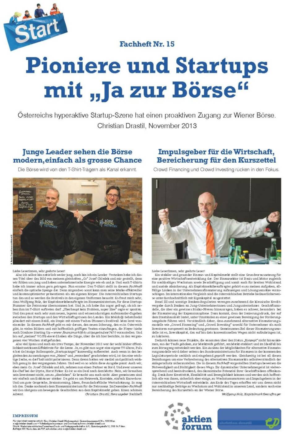 Fachheft 15 Pioniere & Startups, Seite 1: Editorials Christian Drastil, Wolfgang Nolz (BMF)