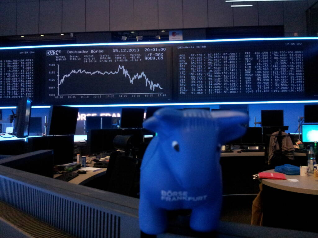 Weihnachtsfeier Frankfurter Börse, der blaue Bulle vor dem DAX-Chart (06.12.2013) 