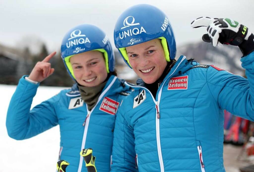 Bernadette Schild, Marlies Schild. Viel Glück und eine gute Fahrt beim Slalom in Bormio wünscht Uniqa (05.01.2014) 
