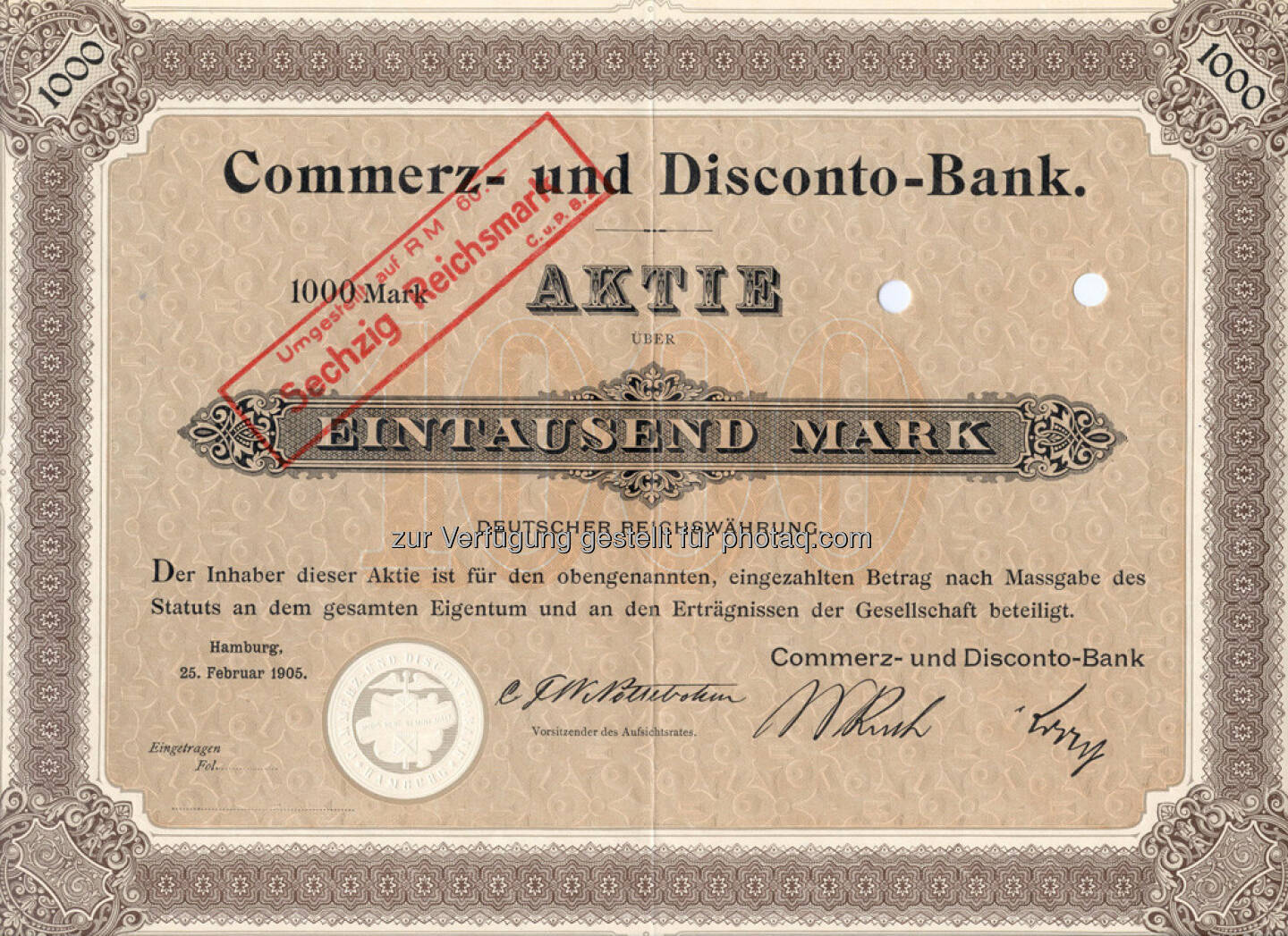 Aktie der Commerz- und Disconto-Bank über 1.000 Mark von 1905