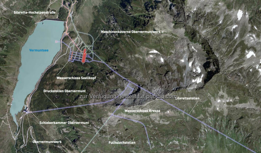 Porr baut: Die Hochgebirgsbaustelle liegt in 1700 m Seehöhe und wird auch im Winter betrieben, wobei die gesamte Versorgung dann nur über eine Personen- und Materialseilbahn möglich ist. Für die Errichtung des Kraftwerks sind ein umfangreiches Stollen- und Tunnelsystem sowie eine Kaverne für das Krafthaus notwendig. Das im Zuge der Bauarbeiten anfallende Ausbruchmaterial wird zu Betonzuschlagstoffen verarbeitet., © Illwerke bzw. Porr (03.02.2014) 