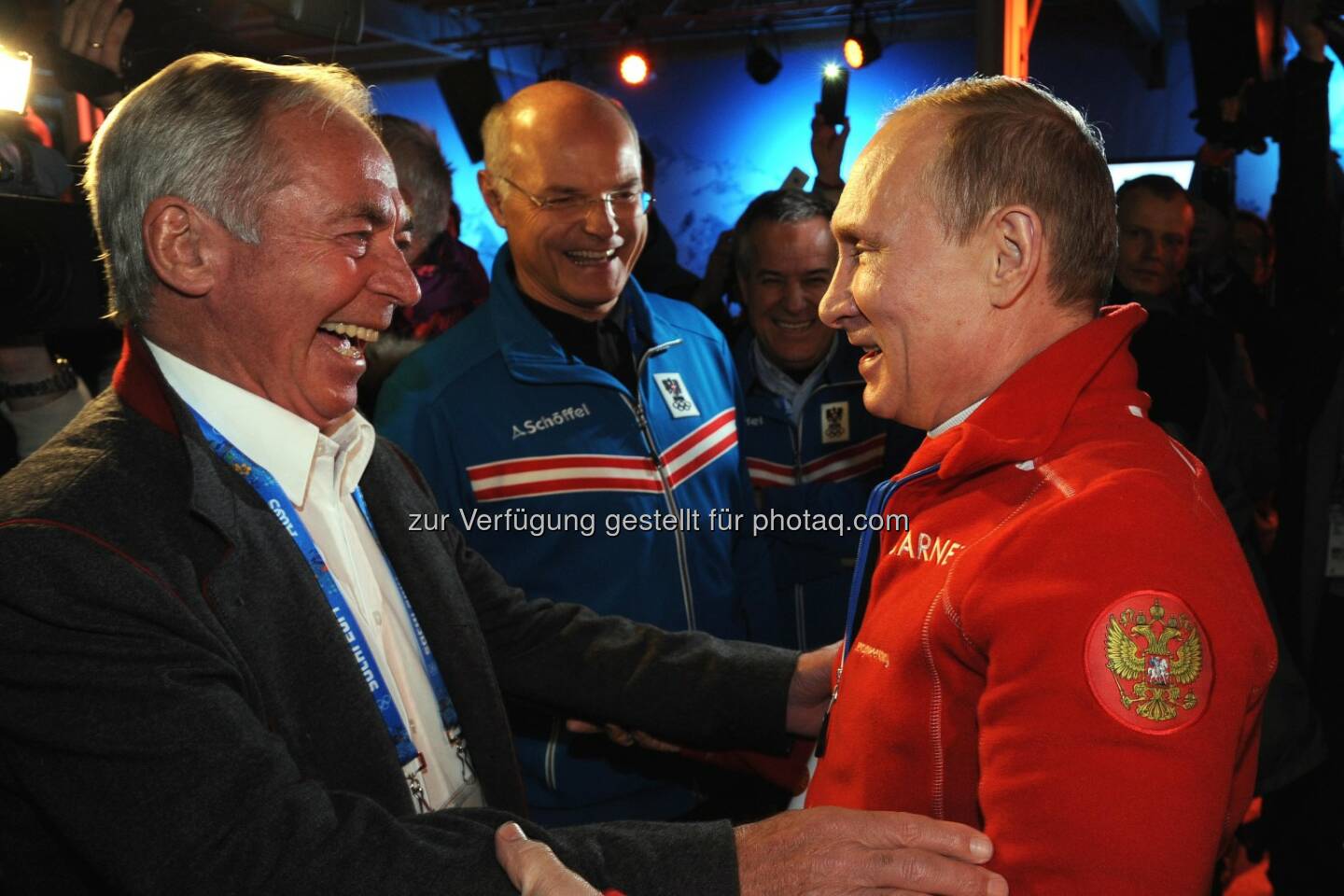 Karl Schranz, ÖOC-Präsident Karl Stoss, Wladimir Putin. Russlands Präsident Wladimir Putin besuchte bereits am zweiten Tag der Olympischen Spiele das Austria Tirol House. (C) ÖOC/Spiess