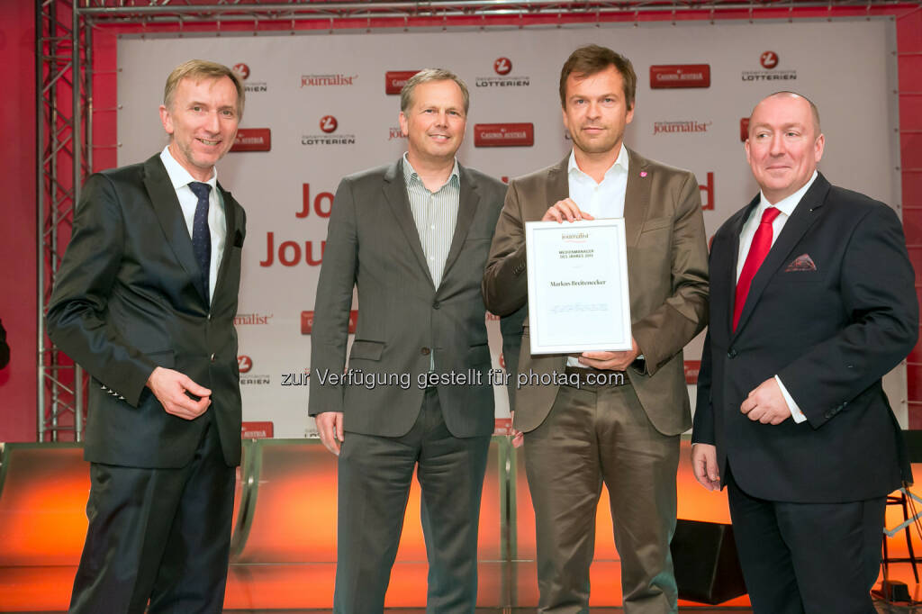 Johann Oberauer (Verleger und Herausgeber), Horst Pirker (Medecco, Verlagsgruppe News), Markus Breitenecker (Puls 4), Georg Taitl (“Der Österreichische Journalist”), © Der österreichische Journalist/APA-Fotoservice/Schedl (13.02.2014) 