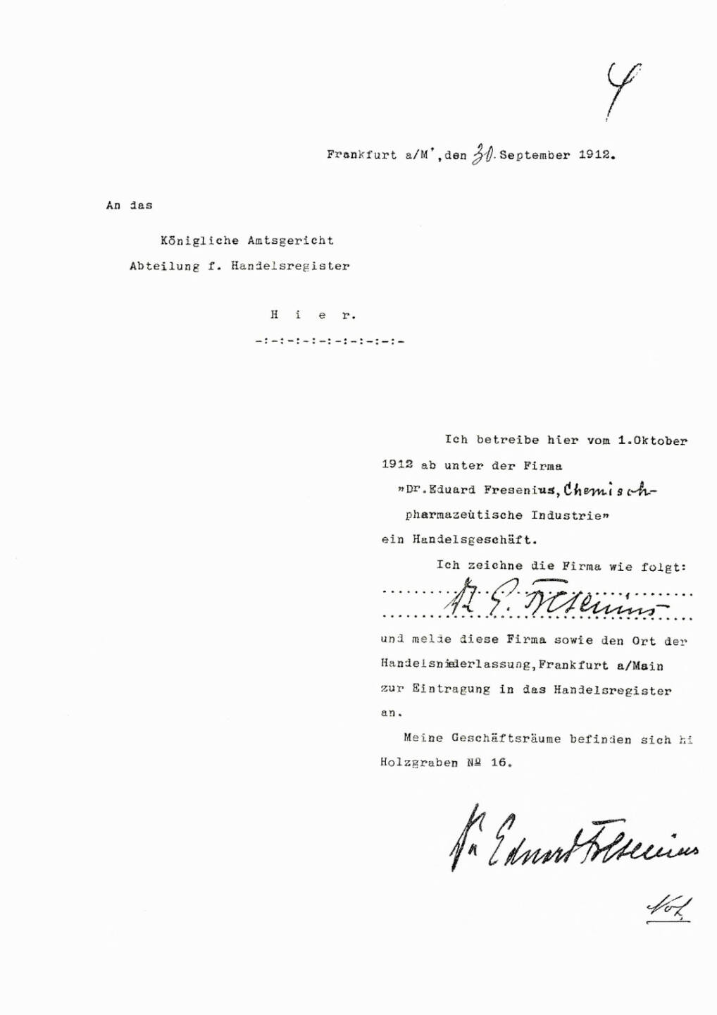 Anmeldung zur Eintragung der „Dr. Eduard Fresenius chemisch-pharmazeutische Industrie KG“ in das Handelsregister der Stadt Frankfurt/Main zum 1. Oktober 1912