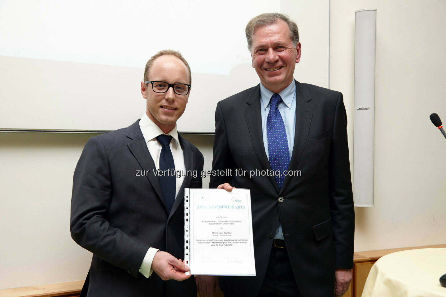 Christian Thaler erhielt den Hauptpreis 2013 mit der Dissertation: „Verletzung kapitalmarktrechtlicher Vorschriften - Marktmanipulation, Insiderhandel und Ad-hoc-Publizität“ im Wert von 4000 Euro.