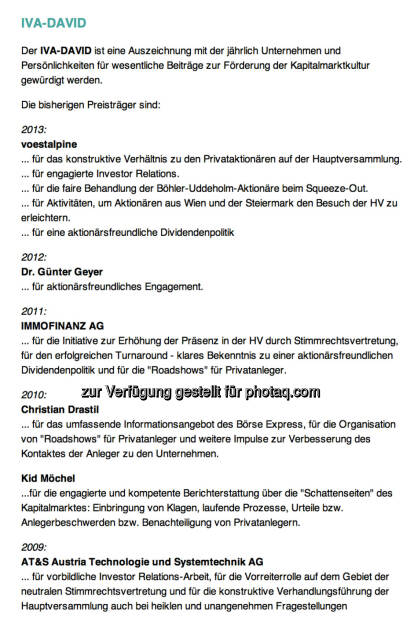 IVA-David-Siegertafel: 2013 voestalpine; 2012 Günter Geyer; 2011 Immofinanz; 2010 Christian Drastil, Kid Möchel; 2010 AT&S , © IVA (25.02.2014) 