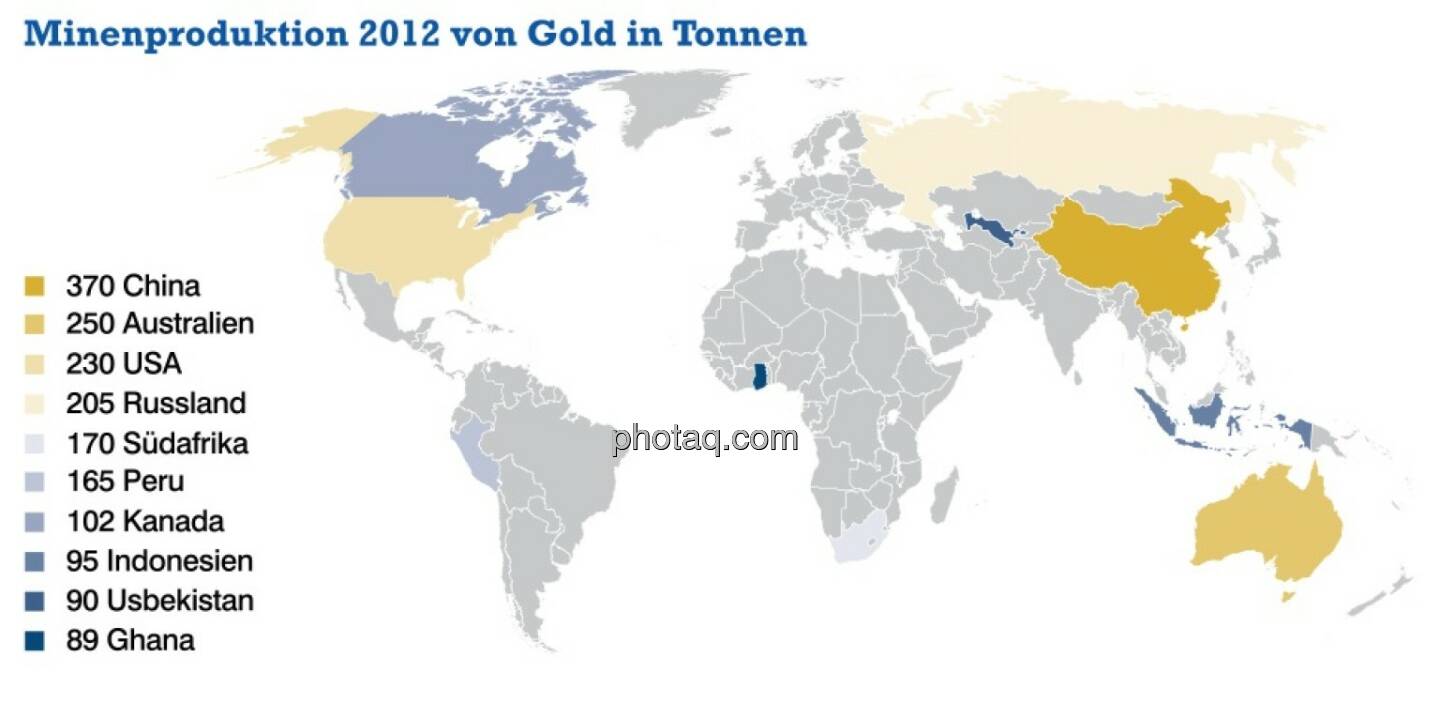 Minenproduktion 2012 von Gold in Tonnen