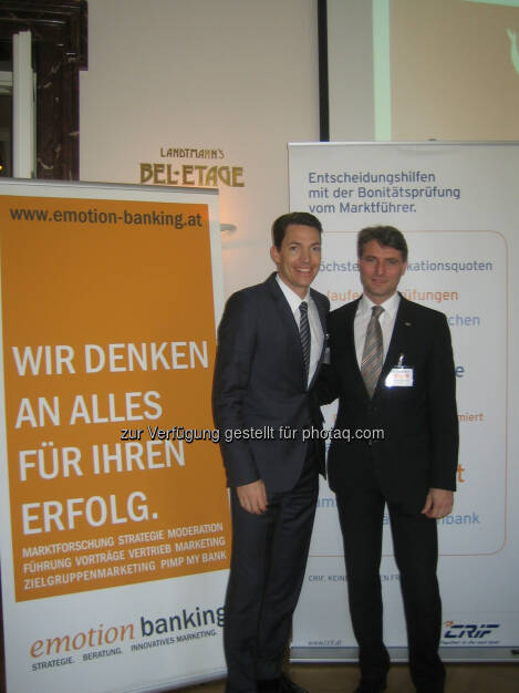 Christian Rauscher, emotion banking; Jürgen Krenn, Crif: Gestern lud die Wirtschaftsauskunftei Crif gemeinsam mit emotion banking, einem Banken-Beratungsunternehmen spezialisiert auf Managementthemen, zu einem Executive Business Breakfast, um Risiko- und Bonitätsentwicklungen im Kommerzgeschäft zu diskutieren. 

 (19.03.2014) 