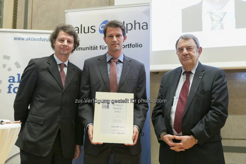 Hauptpreis Fondsmanager-Wertung: Günther Schneider (Salus Alpha), Sieger Franz Hörl (Erste Group), Richard Schenz (Kapitalmarktbeauftragter), © Martina Draper für Börse Express (15.12.2012) 