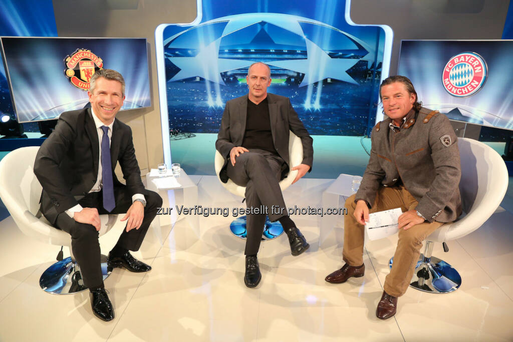 Christian Nehiba, Mario Basler und Frenkie Schinkels im Puls 4 Studio, anlässlich: Über eine halbe Million ZuseherInnen E12+ verfolgten Viertelfinale Champions League Manchester United gegen Bayern München live auf Puls 4 (Bild: Puls 4) (02.04.2014) 