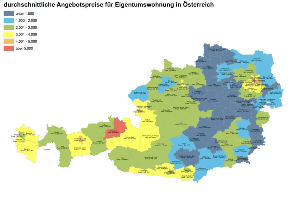 Durchschnittliche Angebotspreise für Eigentumswohnungen in Österreich, Quelle: ImmobilienScout24 und Immobilienring IR (07.04.2014) 