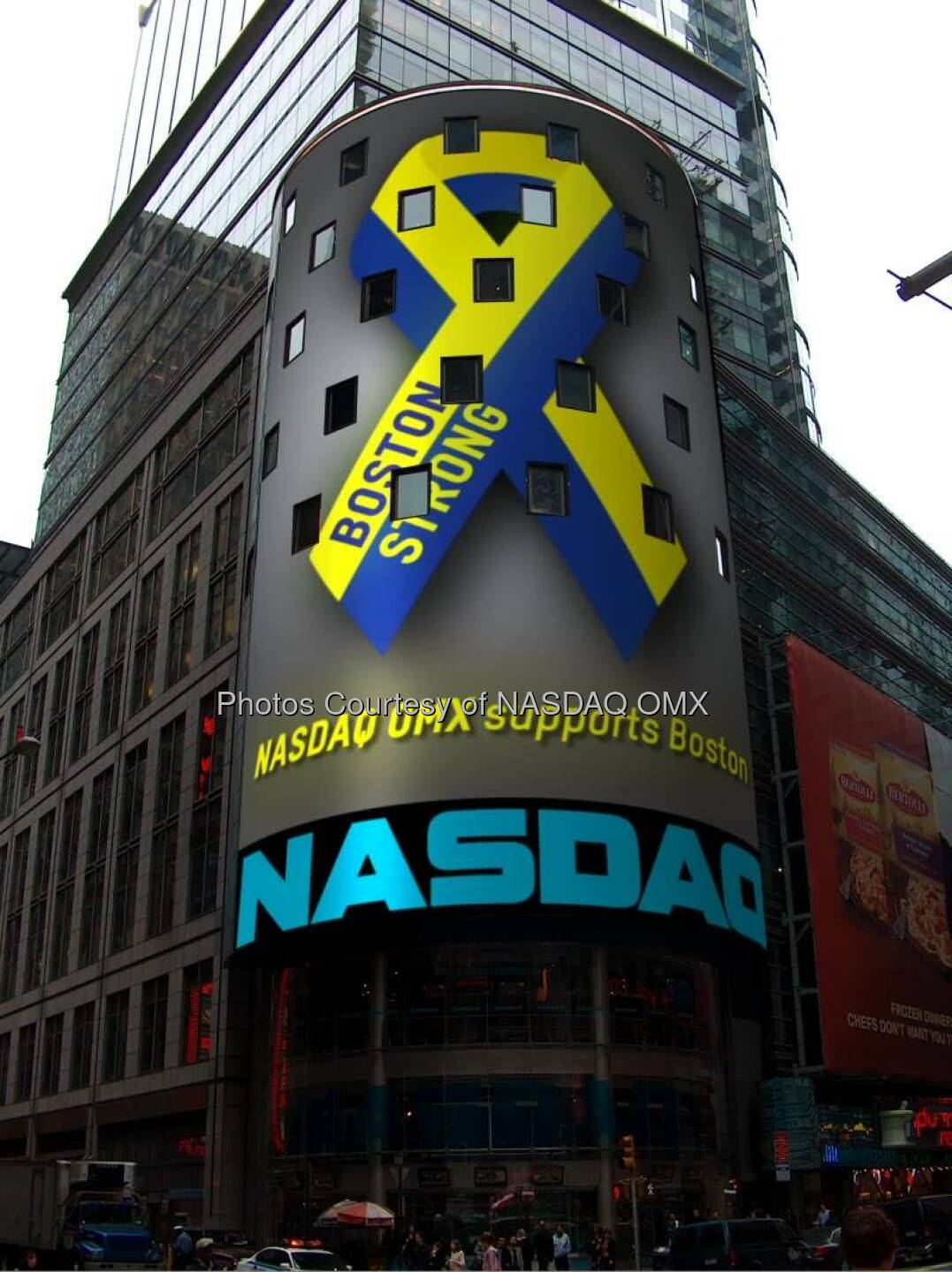 NASDAQ OMX remembers and supports Boston #BostonStrong

Before the U.S. markets opened, NASDAQ OMX paused for a moment of silence to reflect on the one year anniversary of the tragic events that transpired at the Boston Marathon. We will air the attached tribute on our NASDAQ MarketSite tower in Times Square throughout the day to express our continued support to the greater community of Boston so that all who pass by are reminded of a simple, yet powerful message that emerged from that day: BOSTON STRONG  Courtesy of: http://facebook.com/NASDAQ