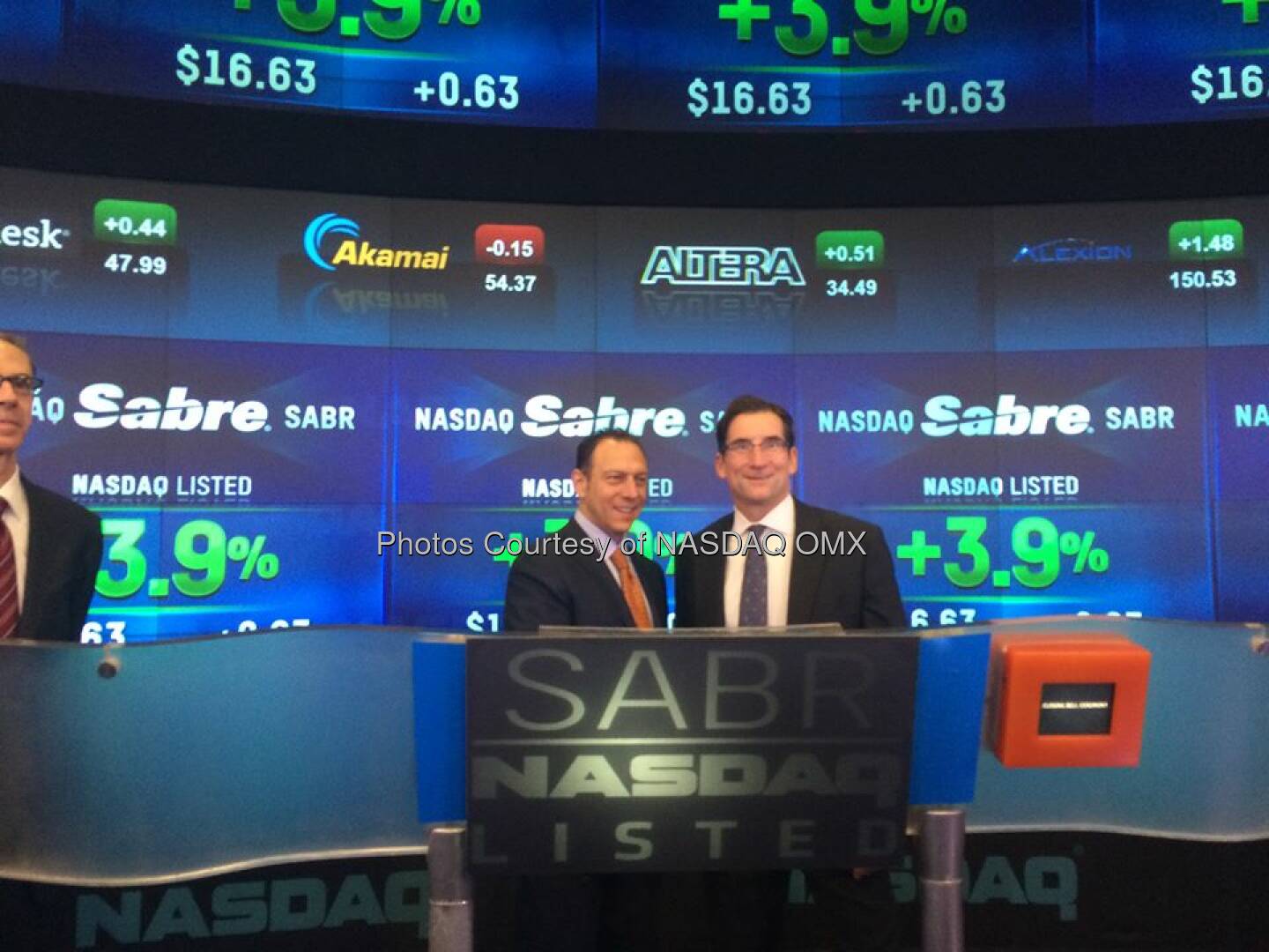 NASDAQ's CEO Bob Greifeld and @Sabre_Corp's @tomkleintk after the first trade Ceremony #SabreIPO $SABR  Source: http://facebook.com/NASDAQ