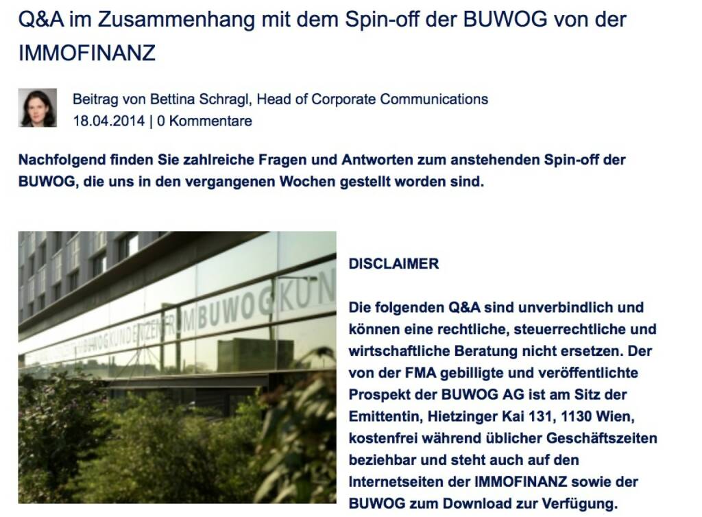 Q&A im Zusammenhang mit dem Spin-off der Buwog von der Immofinanz (18.04.2014) 