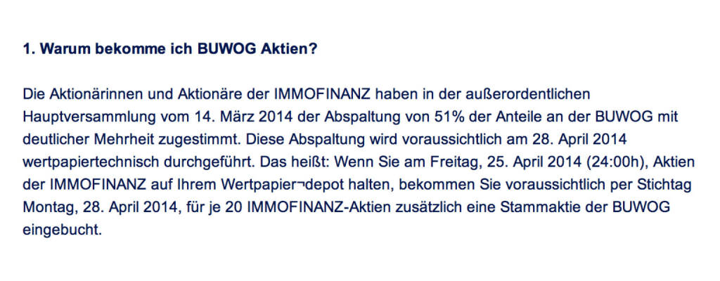 Frage an Immofinanz/Buwog: Warum bekomme ich Buwog Aktien? (18.04.2014) 