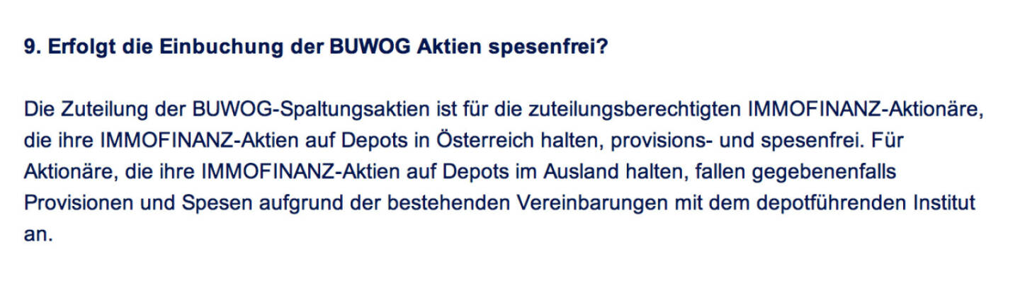 Frage an Immofinanz/Buwog: Erfolgt die Einbuchung der Buwog Aktien spesenfrei?