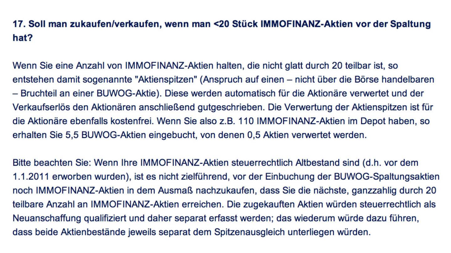 Frage an Immofinanz/Buwog: Soll man zukaufen/verkaufen, wenn man <20 Stück Immofinanz-Aktien vor der Spaltung hat?