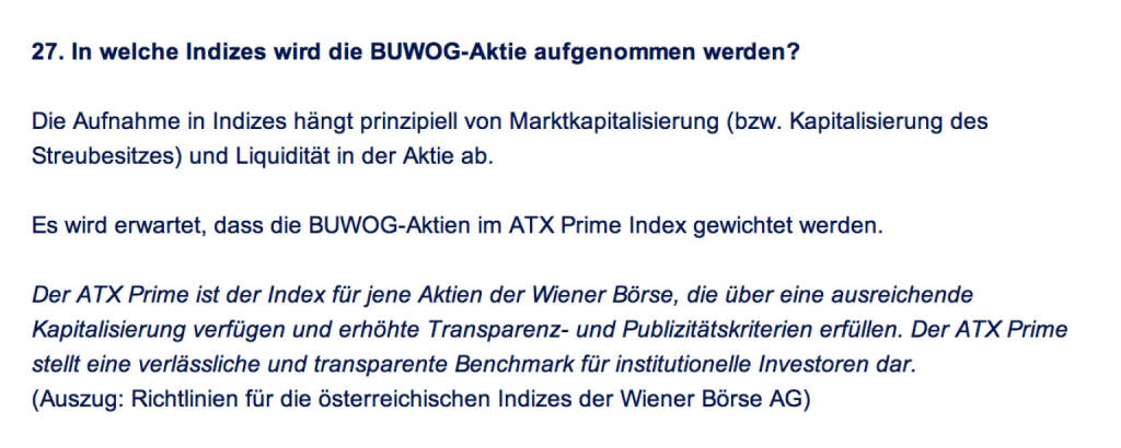 Frage an Immofinanz/Buwog: In welche Indizes wird die Buwog-Aktie aufgenommen werden?  (18.04.2014) 