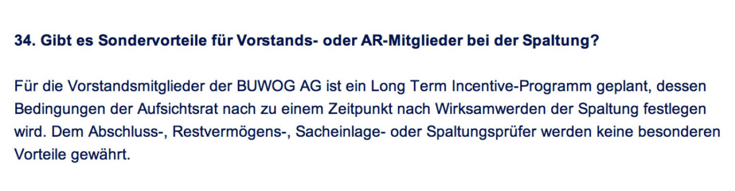 Frage an Immofinanz/Buwog: Gibt es Sondervorteile für Vorstands- oder AR-Mitglieder bei der Spaltung?