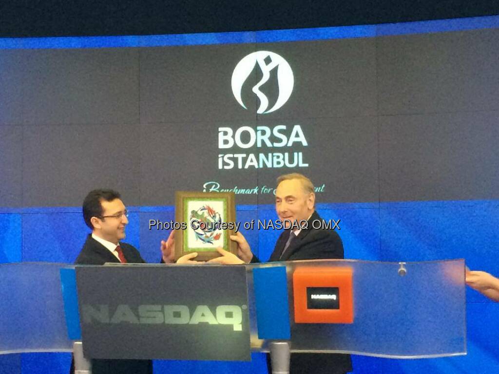 Börse Istanbul läutet die Eröffnungsglocke an der Nasdaq Borsa İstanbul rings the #NASDAQ #OpeningBell to celebrate our strategic partnership! Welcome to the NASDAQ OMX family Borsa İstanbul EN  Source: http://facebook.com/NASDAQ  (21.04.2014) 