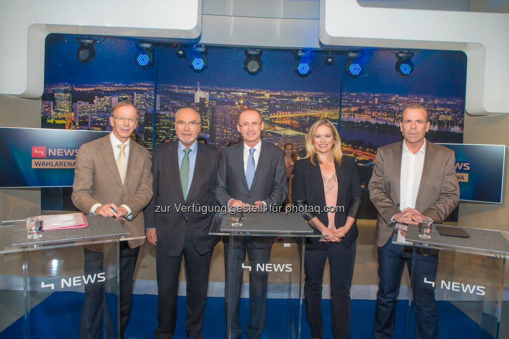 Eugen Freund, Peter Rabl, Othmar Karas, Corinna Milborn und Harald Vilimsky, © Puls 4/Christian Mikes (13.05.2014) 