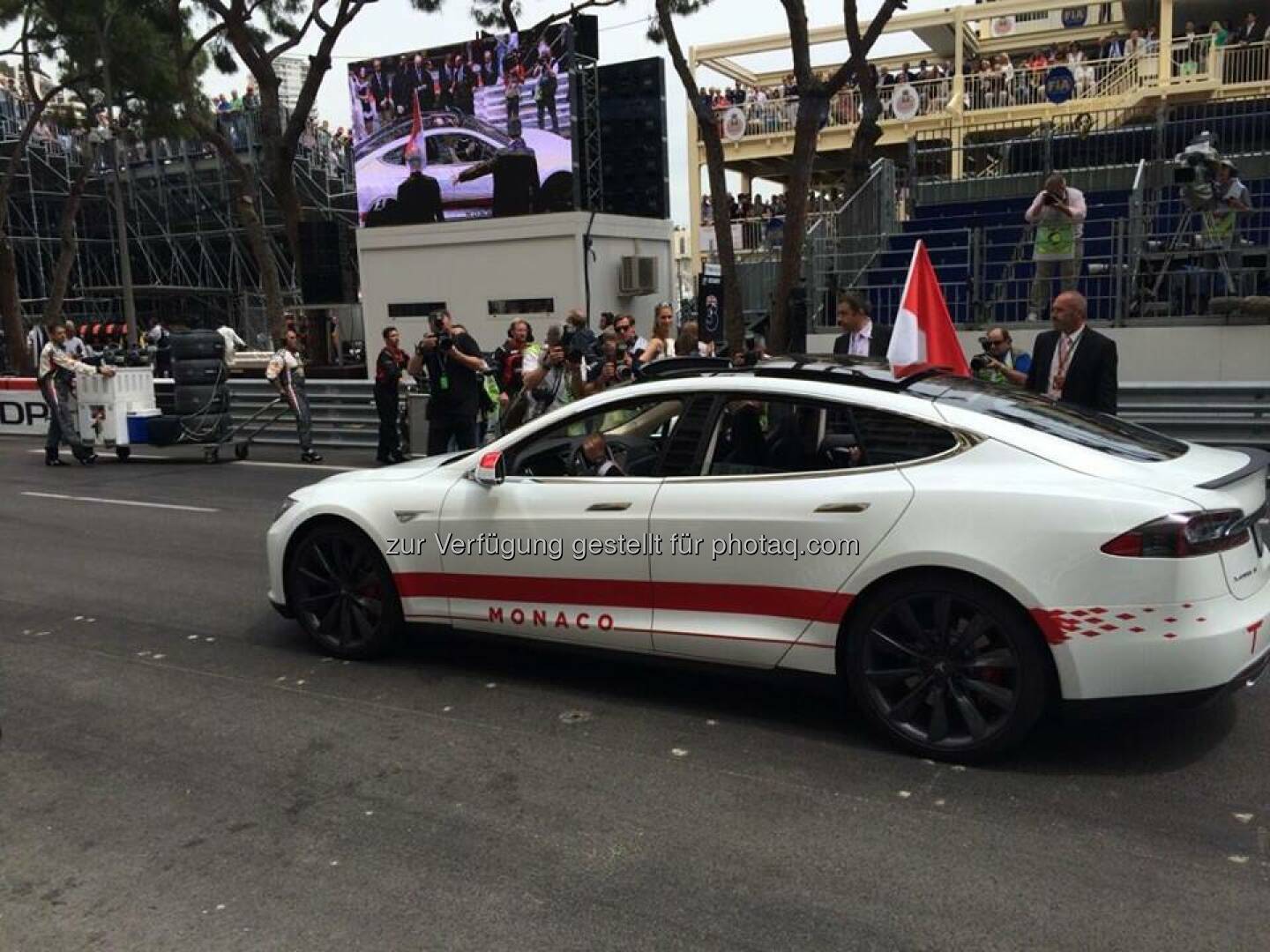 Prince Albert & Princess Charlene drove a Tesla around the track to open the F1 Monaco Grand Prix!  Source: http://facebook.com/teslamotors