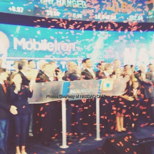 Confetti flies shortly after MobileIron rings the Nasdaq Opening Bell in celebration of IPO. $MOBL  Source: http://facebook.com/NASDAQ (12.06.2014) 