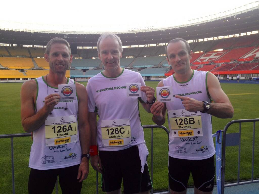 Harald Radatz, Christian Drastil, Thomas Pundy: Team Wienerwaldschnecken1 mit Runplugged-Pickerln mit einer Zeit von 58 min. auf 3x5 km auf dem 6. Platz beim LCC-Teamrun (27.06.2014) 