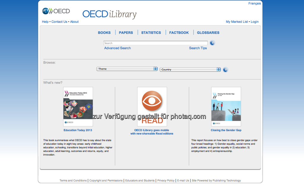 http://www.oecd-ilibrary.org/ - die OECD-Bibilothek liefert starke Inhalte und Grafiken zu den Themen Wirtschaft, Gesellschaft und Umwelt. Unter http://finanzmarktfoto.at/page/index/161gibt es eine kleine Kooperation mit finanzmarktfoto.at (08.01.2013) 