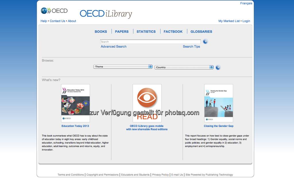 http://www.oecd-ilibrary.org/ - die OECD-Bibilothek liefert starke Inhalte und Grafiken zu den Themen Wirtschaft, Gesellschaft und Umwelt. Unter http://finanzmarktfoto.at/page/index/161gibt es eine kleine Kooperation mit finanzmarktfoto.at (08.01.2013) 