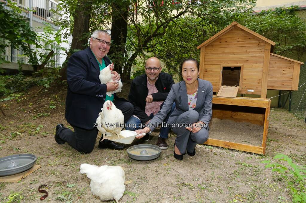 Tonis Freilandhühner auf Sommerfrische im AllYouNeed Hotel in Wien: Gf. Toni Hubmann, Toni`s Freilandeier, Gf. Hans Dieter Bauer kross und knusprig Frühstückscatering und Hoteldirektorin Marina Siebert AllYouNeed Hotels, © Aussendung checkfelix (09.07.2014) 