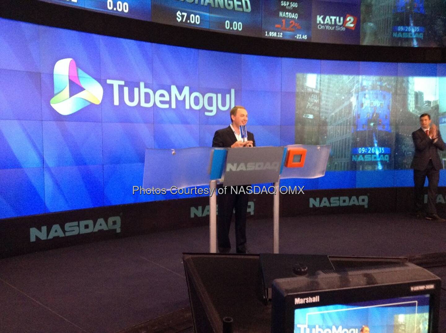 TubeMogul CEO poses with the Opening Bell crystal shortly before ringing the #NASDAQ Opening Bell in honor of #IPO!  Source: http://facebook.com/NASDAQ
