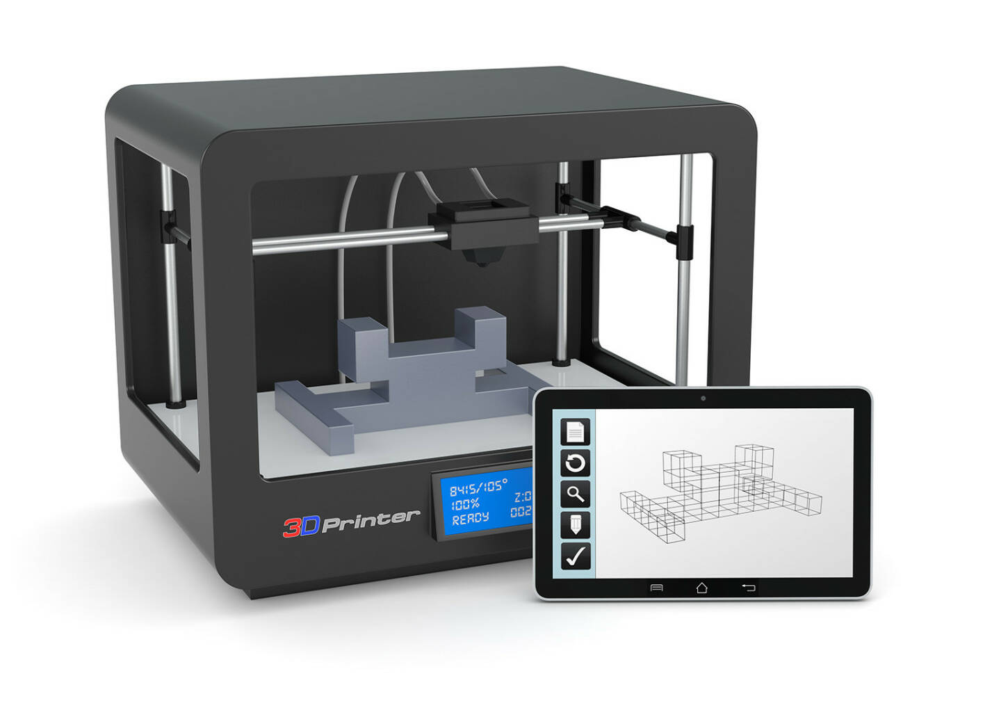 3D Drucker, 3D Technologie, Tablet, CAD Software http://www.shutterstock.com/de/pic-175520168/stock-photo-one-d-printer-with-a-tablet-pc-and-a-cad-software-render.html