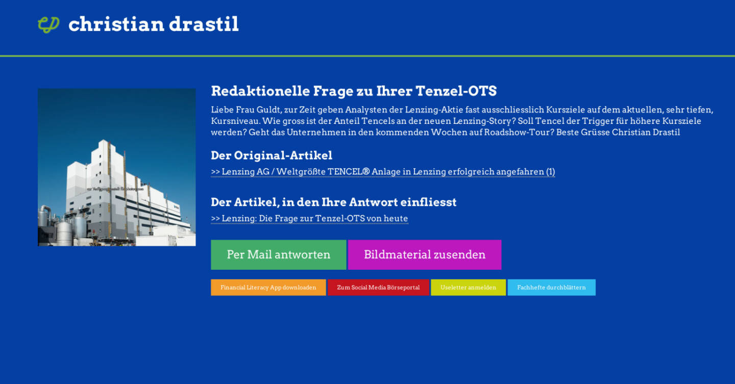 Redaktionelle Rückfrage (16) zur Tenzel-OTS an Lenzing, Angelika Guldt http://christian-drastil.com/spreadit/all