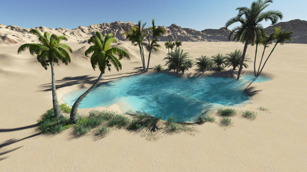 Oase, Wüste, Palmen, Sand, Wasser, Hitze, http://www.shutterstock.com/de/pic-149144414/stock-photo-oasis-in-the-desert-made-in-d-software.html , © www.shutterstock.com (22.03.2025) 