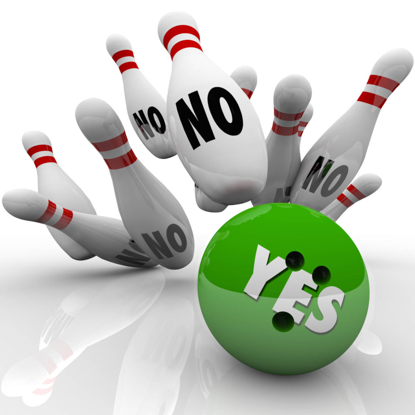 yes, no, ja, nein, kegel, bowling, negativ, positiv, fallen, umfallen, stürzen, http://www.shutterstock.com/de/pic-156089510/stock-photo-the-word-yes-on-a-green-bowling-ball-striking-pins-labeled-no-to-illustrate-overcoming-objections.html