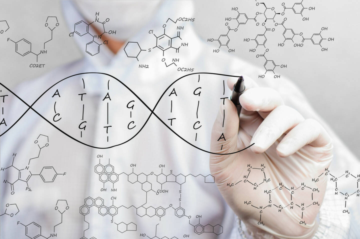 Formel, Chemie, DNA, Wissenschaft, Biotech, Pharma, Forschung, Erbgut, http://www.shutterstock.com/de/pic-189666014/stock-photo-scientist-sketching-dna-structure.html