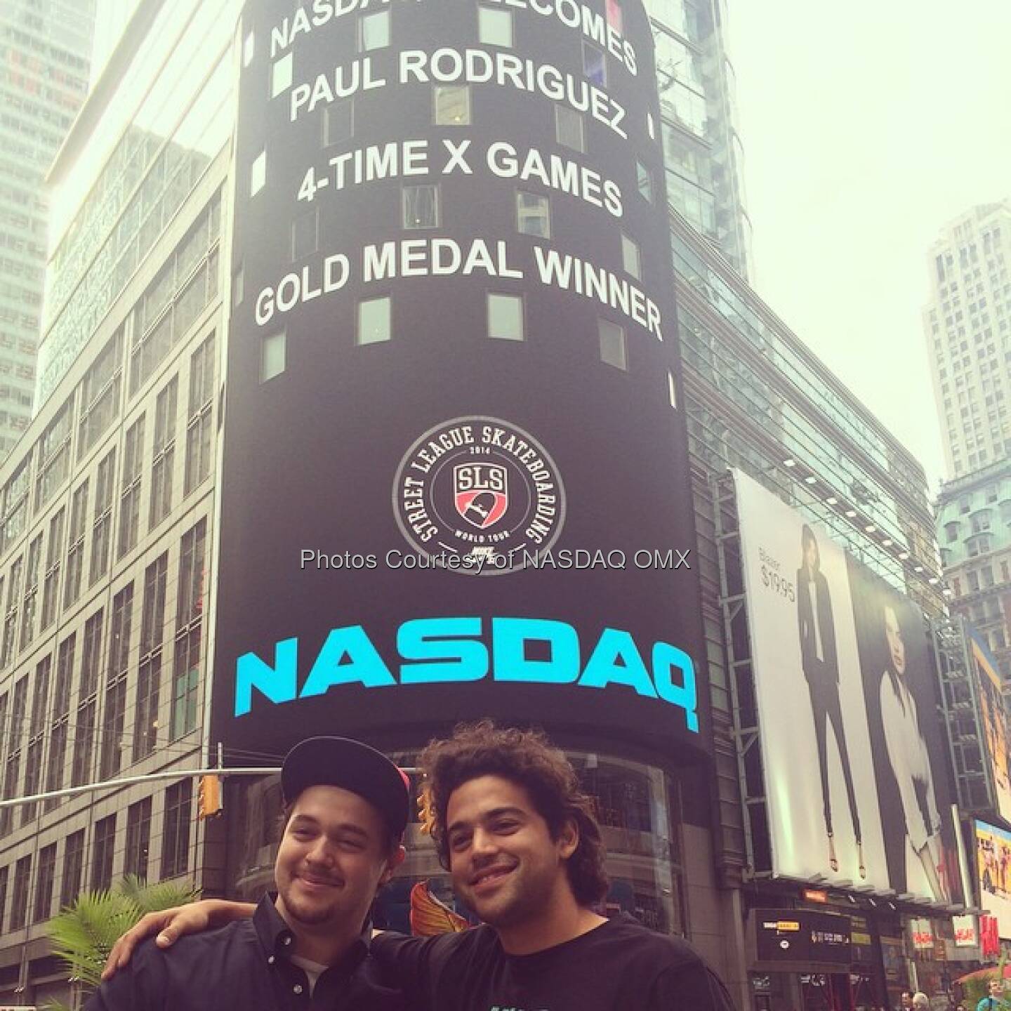 Paul Rodriguez poses in #TimesSquare with a big fan from @NASDAQ! @prod84 @foxsports1 @streetleague #streetleague #slsonfox  Source: http://facebook.com/NASDAQ