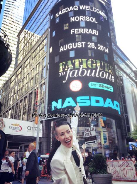 Great to have Fatigues2Fabulous and Norisol Ferrari at the #NASDAQ MarketSite to ring the closing bell!  Source: http://facebook.com/NASDAQ (29.08.2014) 