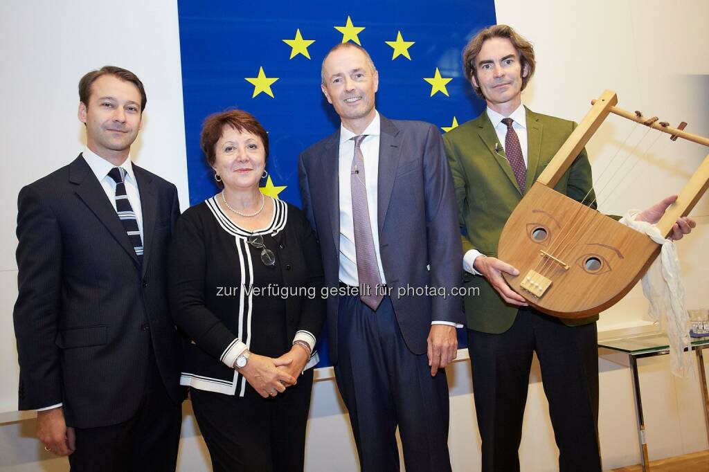 Georg Plattner (Kunsthistorisches Museum), Clara Bencivenga, Co-Moderatorin, Achim Braun, Moderation und Georg Danek (Uni Wien): Vertretung der EU-Kommission in Österreich: Die Sprache Europas ist die Übersetzung, © Aussender (23.09.2014) 