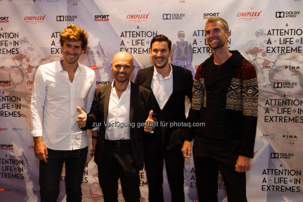 Guillaume Néry, Gerhard Gulewicz, Sascha Köllnreitner, Halvor Angvik: Susanne Auzinger PR: Wien-Premiere: Attention - a life in extremes, © Aussendung (23.09.2014) 