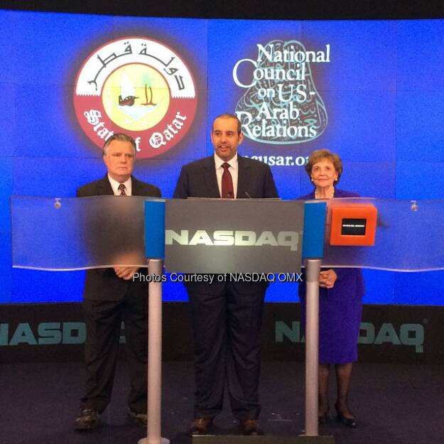 His Excellency Sheikh Ahmed bin Jassim Al Thani, the Qatar Minister of Economy & Commerce, and Mrs. Matilda Cuomo ring the #openingbell!  Source: http://facebook.com/NASDAQ (26.09.2014) 