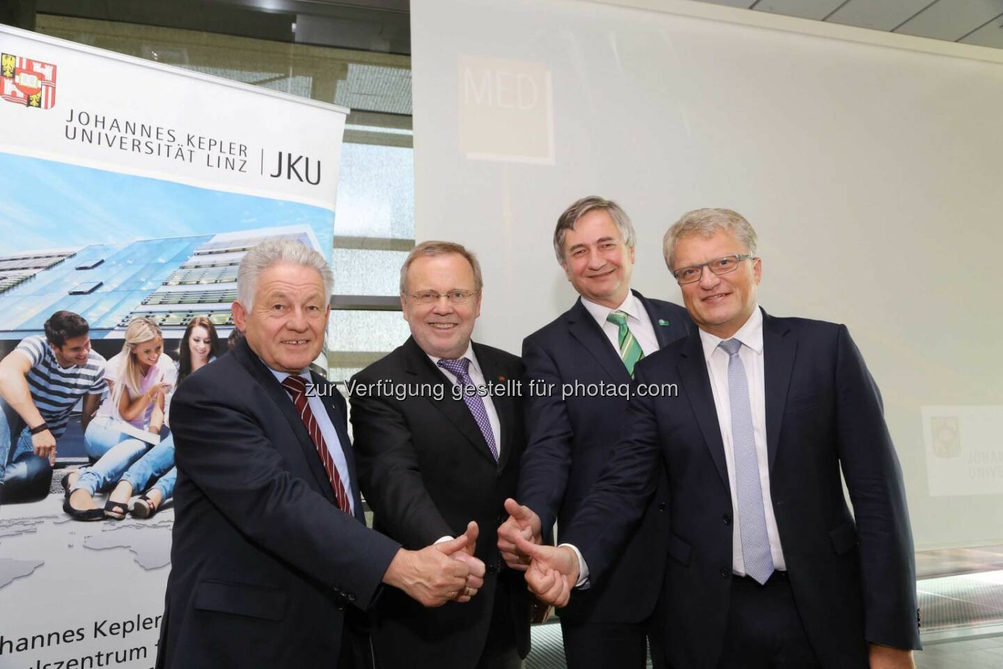 Gründungsfeier Medizinische Fakultät: OÖ-Landeshauptmann Josef Pühringer, JKU-Rektor Richard Hagelauer, Med-Uni-Graz-Rektor Josef Smolle, Linz-Bürgermeister Klaus Luger