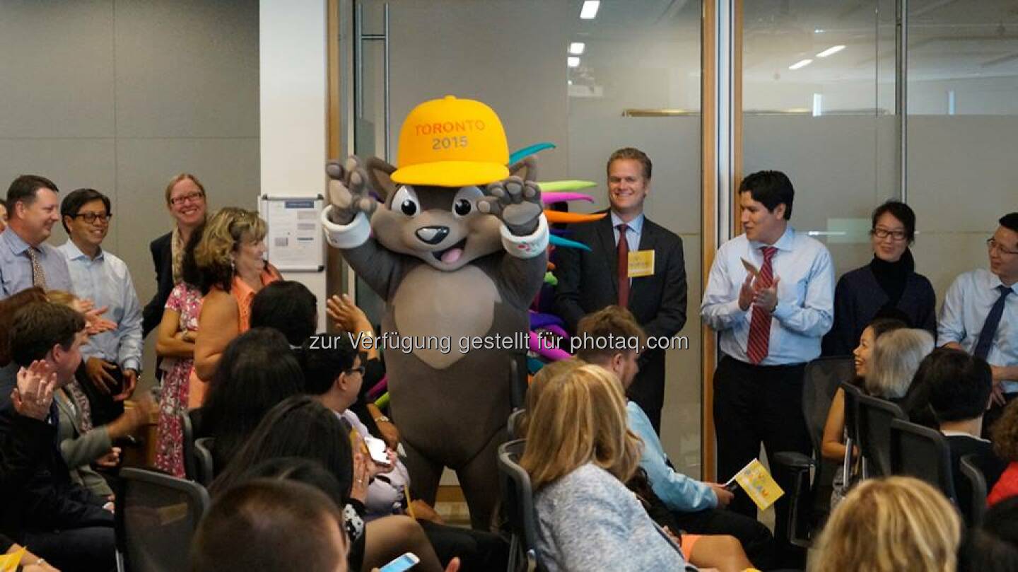 Barrick Gold: Pachi greets Barrick people at the company's Toronto head office who gathered for the announcement that Barrick is the Official Metal Supplier to the 2015 Pan Am and Parapan Am Games.  Source: http://facebook.com/barrick.gold.corporation