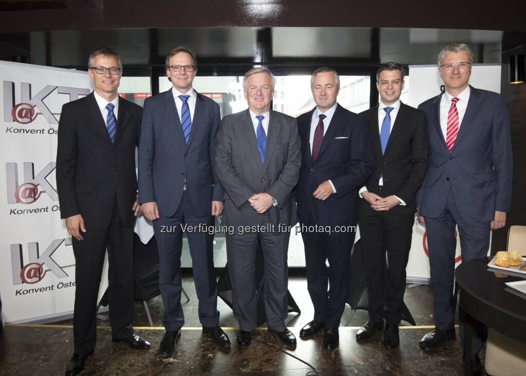 Jan Trionow (CEO Hutchison Drei Austria und IOÖ-Vorstand), Andreas Bierwirth (CEO T-Mobile Austria und IOÖ-Vizepräsident), Rudolf Kemler (IOÖ-Präsident), Hannes Ametsreiter ( CEO A1 Telekom Austria und IOÖ-Vizepräsident), Thomas Arnoldner ( Vorstandsvorsitzender Alcatel-Lucent Austria und IOÖ-Vorstand) und Georg Krause (Mitglied der Geschäftsleitung SAP Österreich und IOÖ-Vizepräsident): Internetoffensive Österreich: IKT-Branche will Tempo beim Breitbandausbau machen, © Aussendung (06.10.2014) 