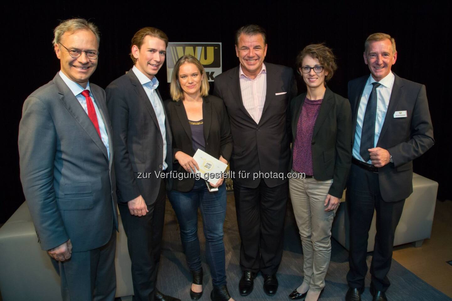 Rainer Münz (Leiter Forschungsabteilung Erste Group),Sebastian Kurz (Bundesminister für Europa, Integration und Äußeres), Corinna Milborn (Moderation), Hikmet Ersek (CEO The Western Union Company), Katharina Norden (Gründerin und CEO Three Coins) und Peter Bucher (CEO Western Union International Bank): Western Union International Bank GmbH: Western Union International Bank feiert 10-jähriges Bestehen