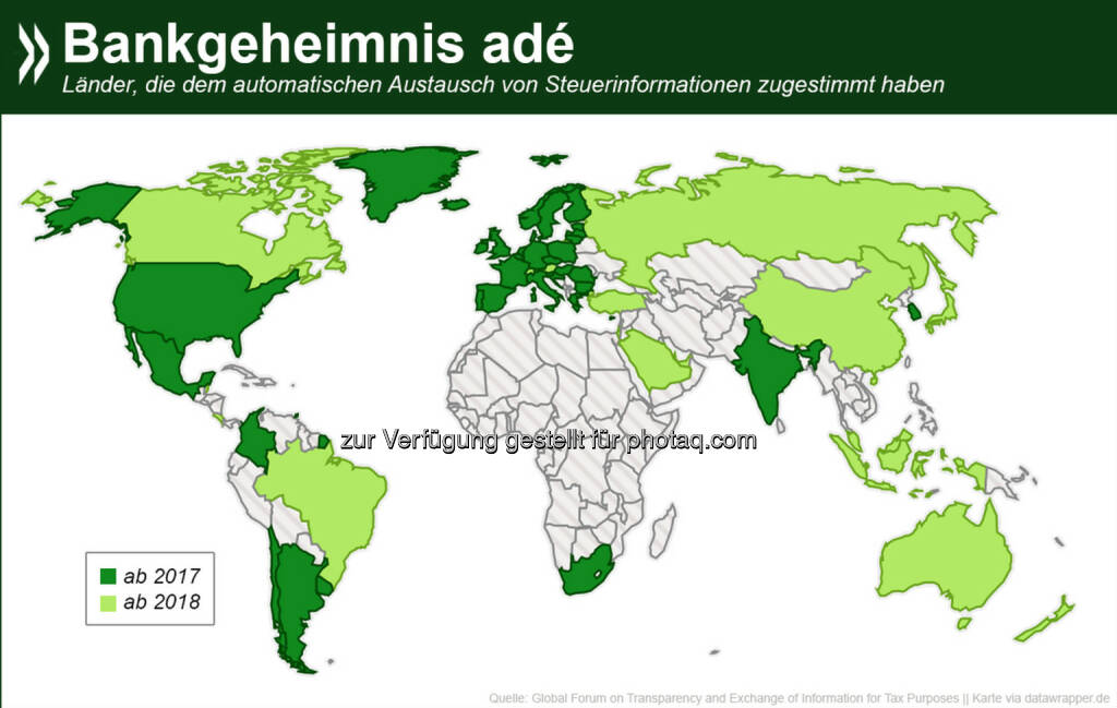 Bankgeheimnis adé: Über 90 Staaten und Rechtsgebiete – darunter alle OECD- und G20-Länder – haben sich bisher darauf geeinigt, in Zukunft automatisch Steuerinformationen auszutauschen. Knapp 60 von ihnen fangen damit schon 2017 an.

Mehr Informationen zum Thema und eine Übersicht per Land unter: bit.ly/1p1ucuo, © OECD (30.10.2014) 